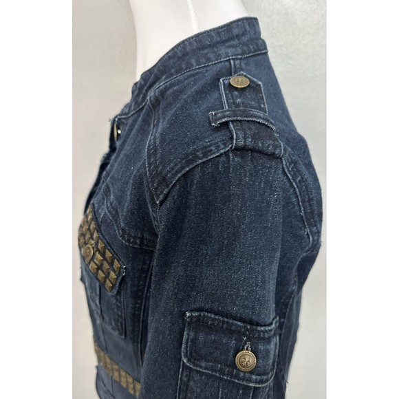 DG2 Womens M Bronze Studded Blue Jean Jacket Button Denim Military Blazer Coat - Picture 3 of 9